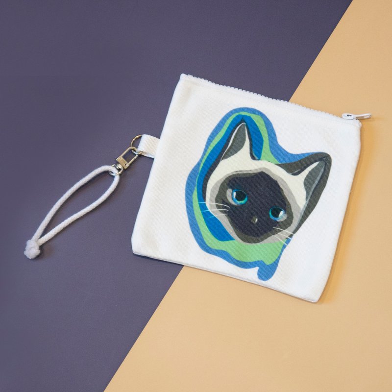 猫咪插画帆布小袋白色-暹罗猫 - 化妆包/杂物包 - 聚酯纤维 白色