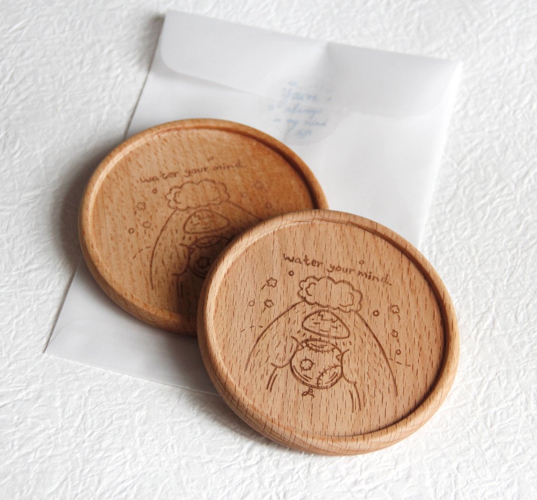 胡须插画 water your mind 榉木杯垫  Wood Coaster - 杯垫 - 木头 咖啡色