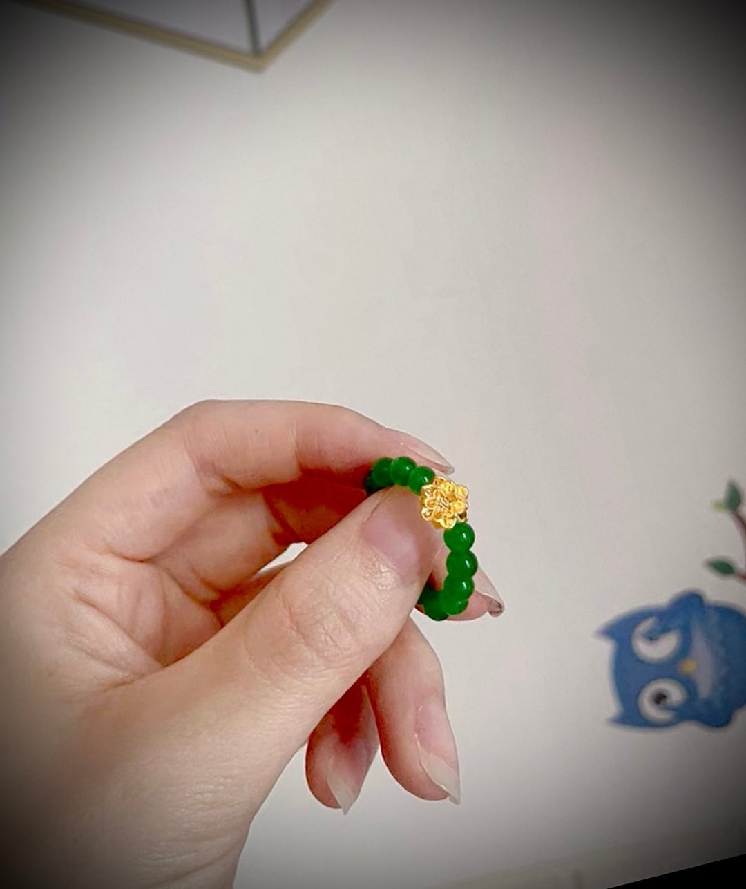 天然菠菜绿翡翠和田玉可爱小莲花气质戒指戒环 - 戒指 - 玉石 金色