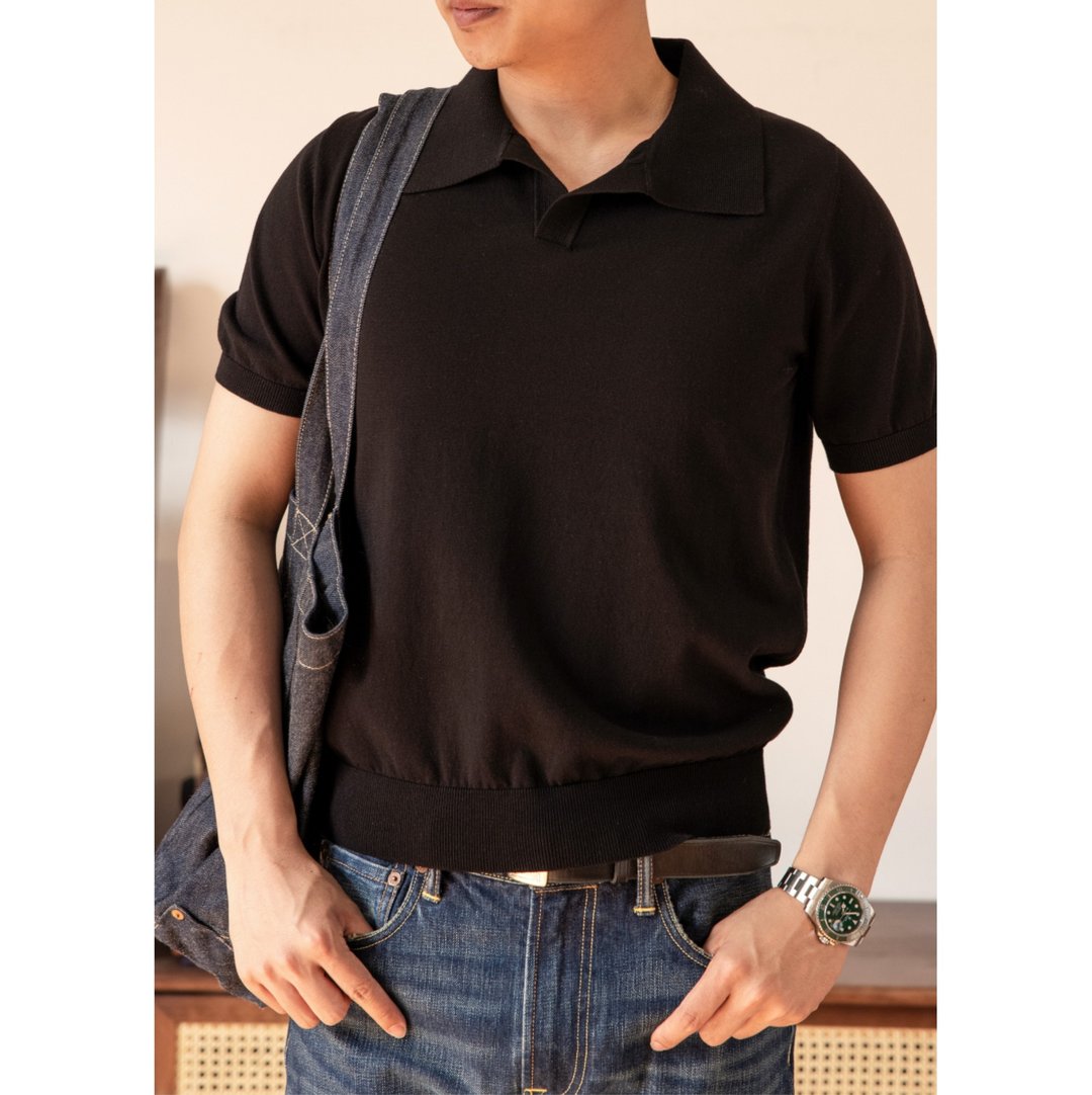 短袖针织衫 马球衫 义式一片领 加厚螺纹 三色 polo shirt - 男装针织衫/毛衣 - 棉 黑色