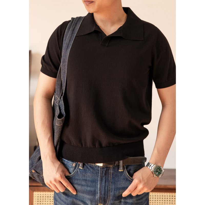 短袖针织衫 马球衫 义式一片领 加厚螺纹 三色 polo shirt - 男装针织衫/毛衣 - 棉．麻 黑色