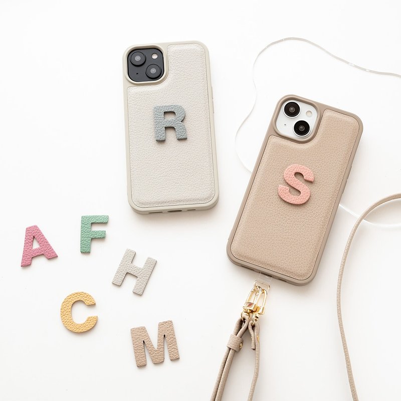 高边框设计 撞色贴布字母手机壳 【荔枝纹皮革】 真皮 iPhone - 手机壳/手机套 - 真皮 咖啡色