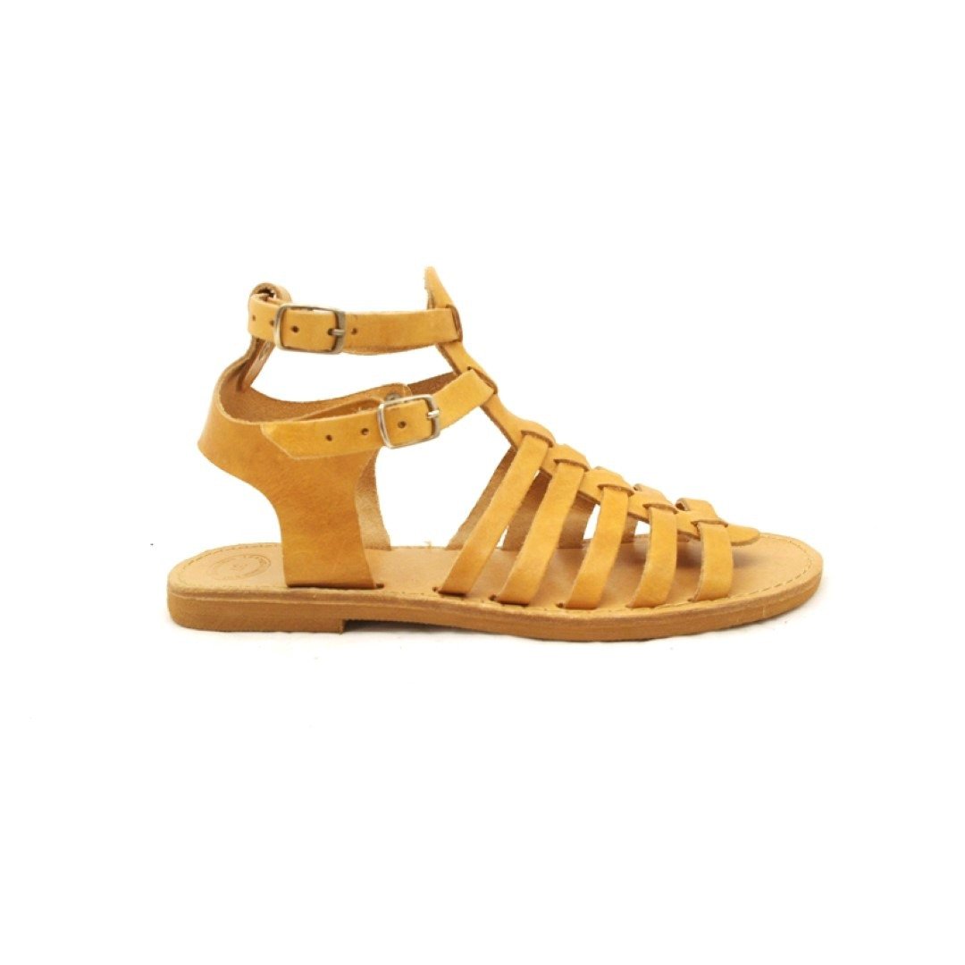 HIGH BATTLE: Flat Ancient Greek Gladiator Sandals Handmade of Full Grain Leather - 男女凉鞋 - 真皮 咖啡色
