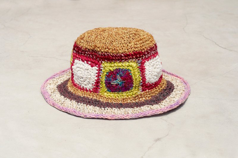 情人节礼物 限量一件 手工编织棉麻帽/编织帽/渔夫帽/草帽/草编帽 - 纱丽线 撞色色块世界 - 帽子 - 棉．麻 多色