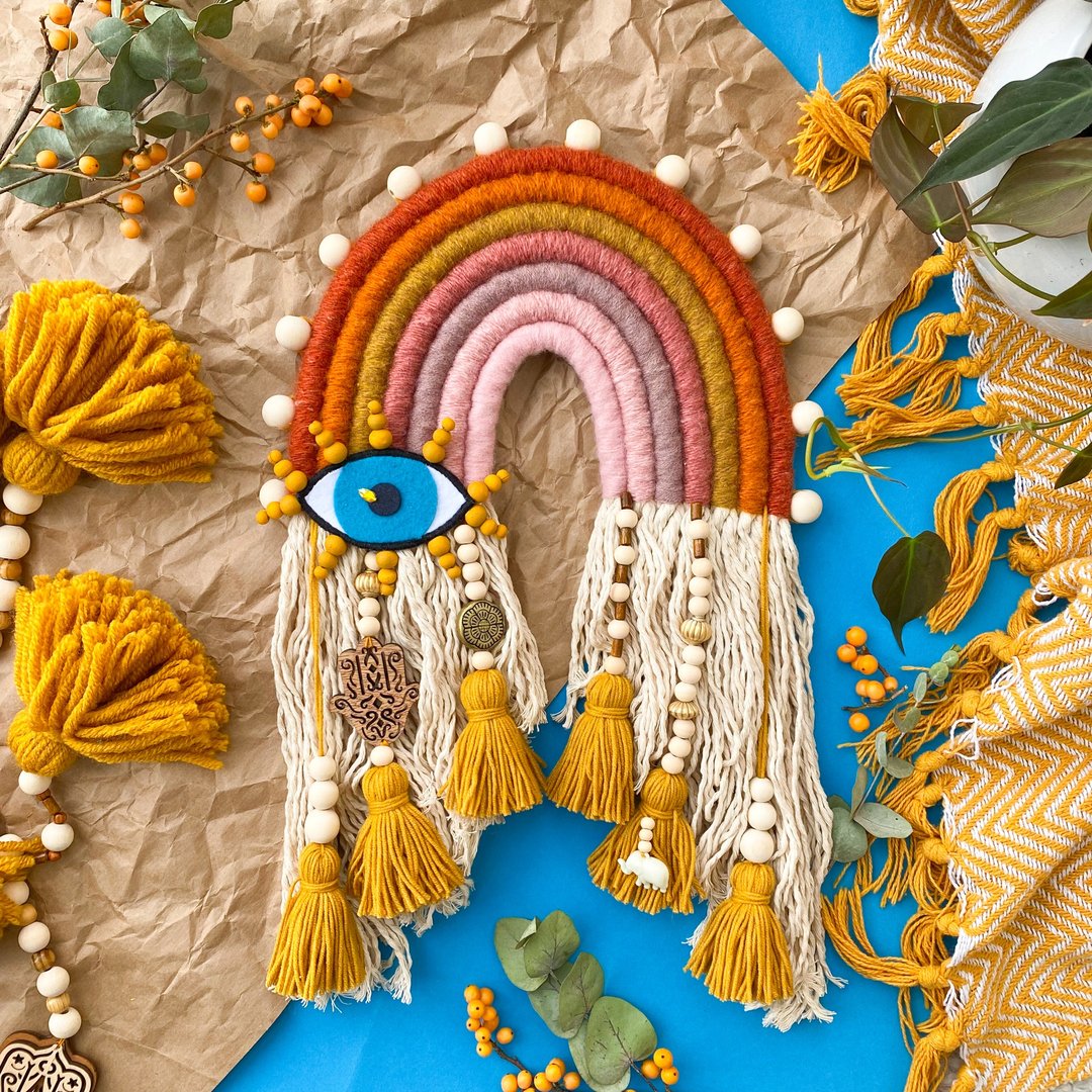Macrame rainbow wall hanging, decor evil eye and hamsa hand, Eco friendly decor - 墙贴/壁贴 - 其他材质 多色