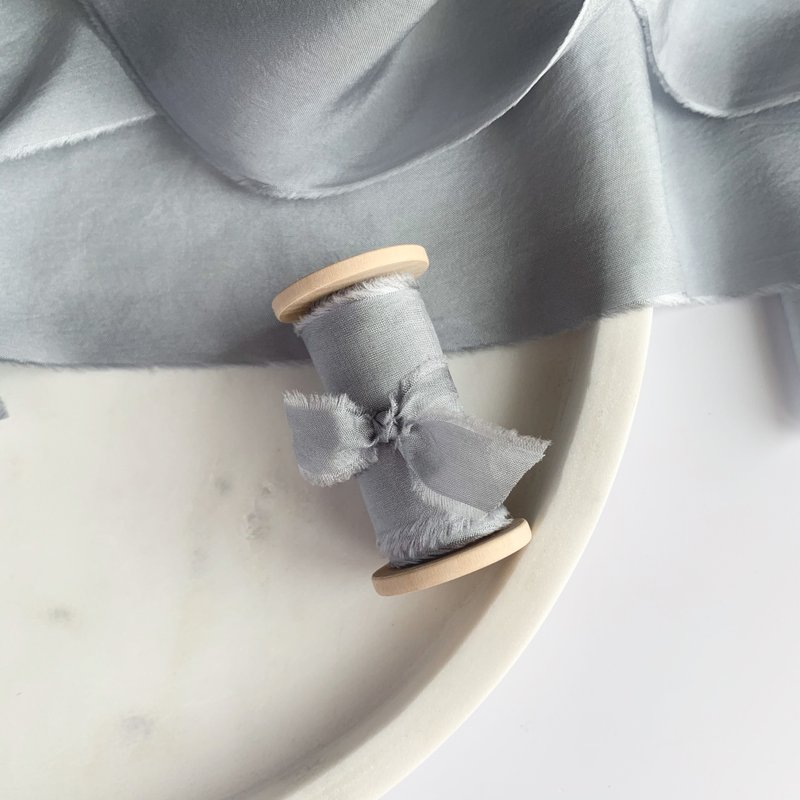 Cool Gray Silk Ribbon / Hand Dyed Silk ribbon on Wood Spool - 包装材料 - 丝．绢 灰色
