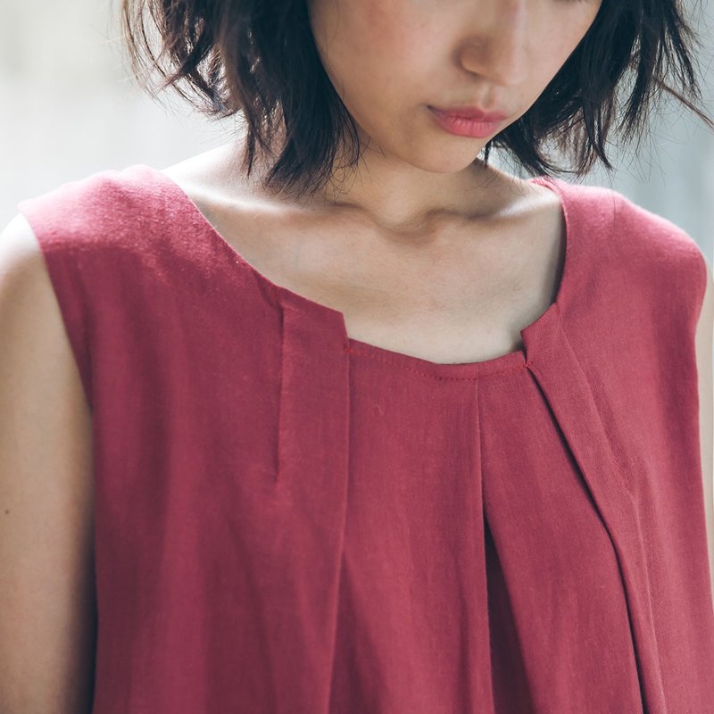 琴键褶背心 - 砖红 - 女装背心 - 棉．麻 红色