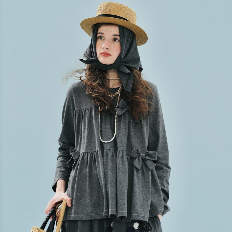 花灰蝴蝶结纯棉针织长袖上衣 - 女装上衣 - 棉．麻 灰色