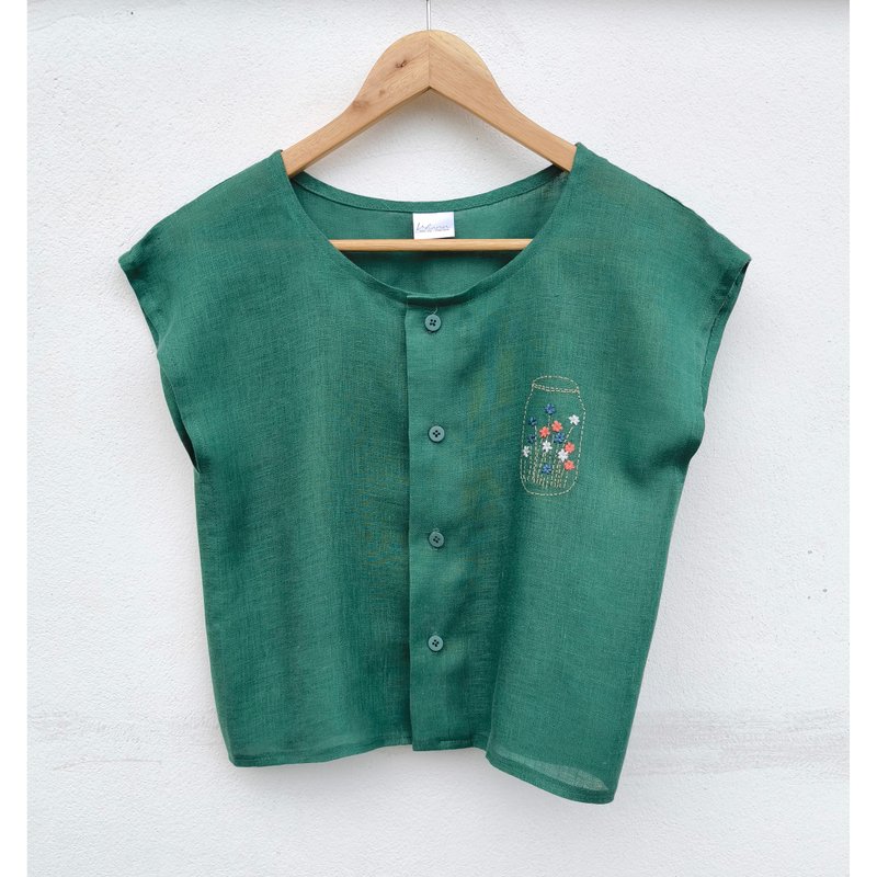 刺绣 | 亚麻 | 绿色落肩圆领衫 - 女装上衣 - 棉．麻 绿色