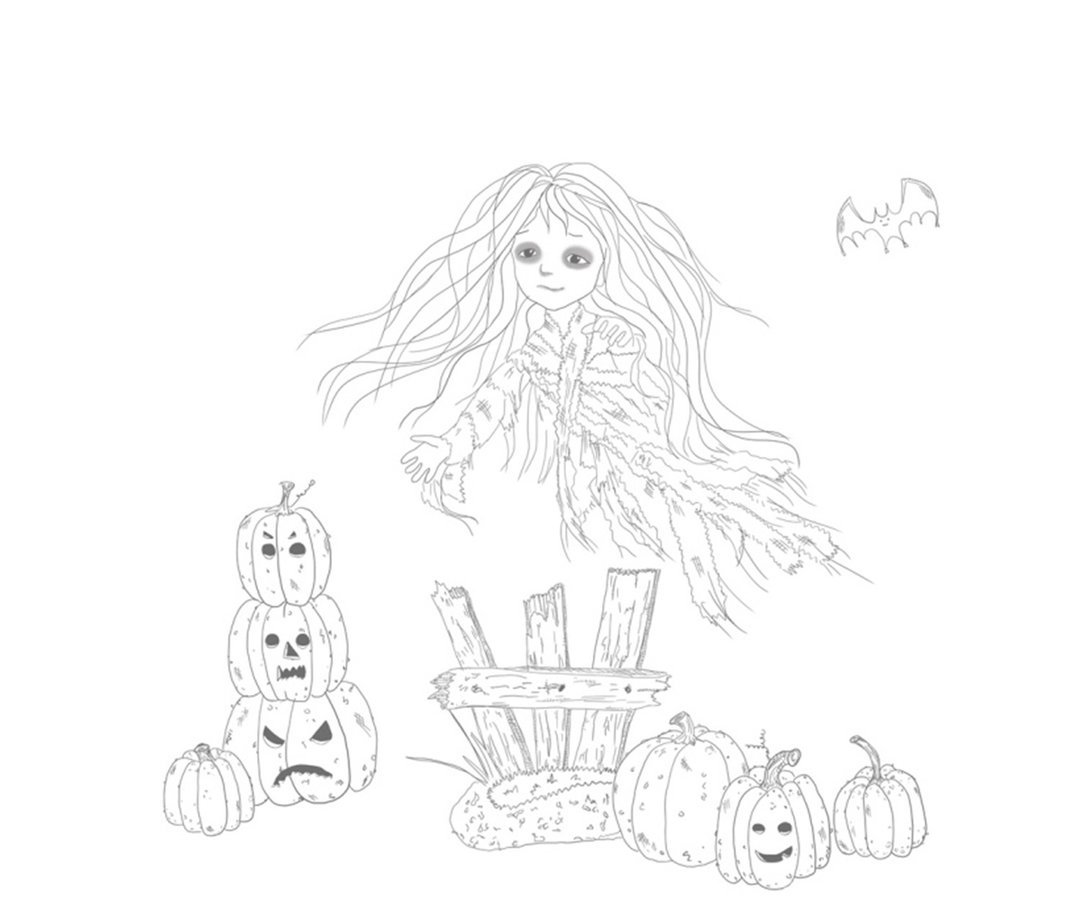 Coloring page Halloween Ghost with Pumpkins - 电子手绘真人画像/绘画/插画 - 其他材质 