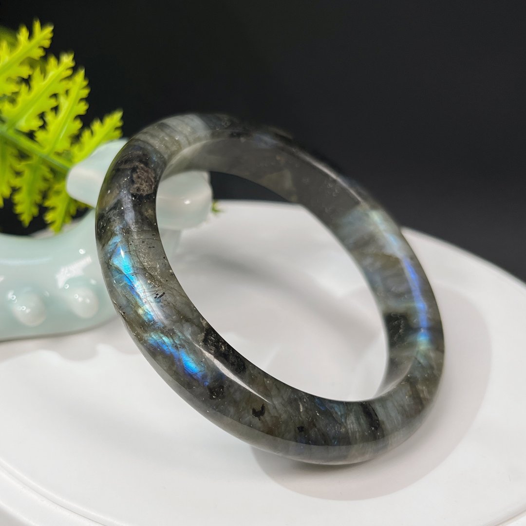 优质黑拉长石手镯58MM 星光蓝光玉化月光石水晶手环 洞察力生命力 - 手链/手环 - 水晶 黑色