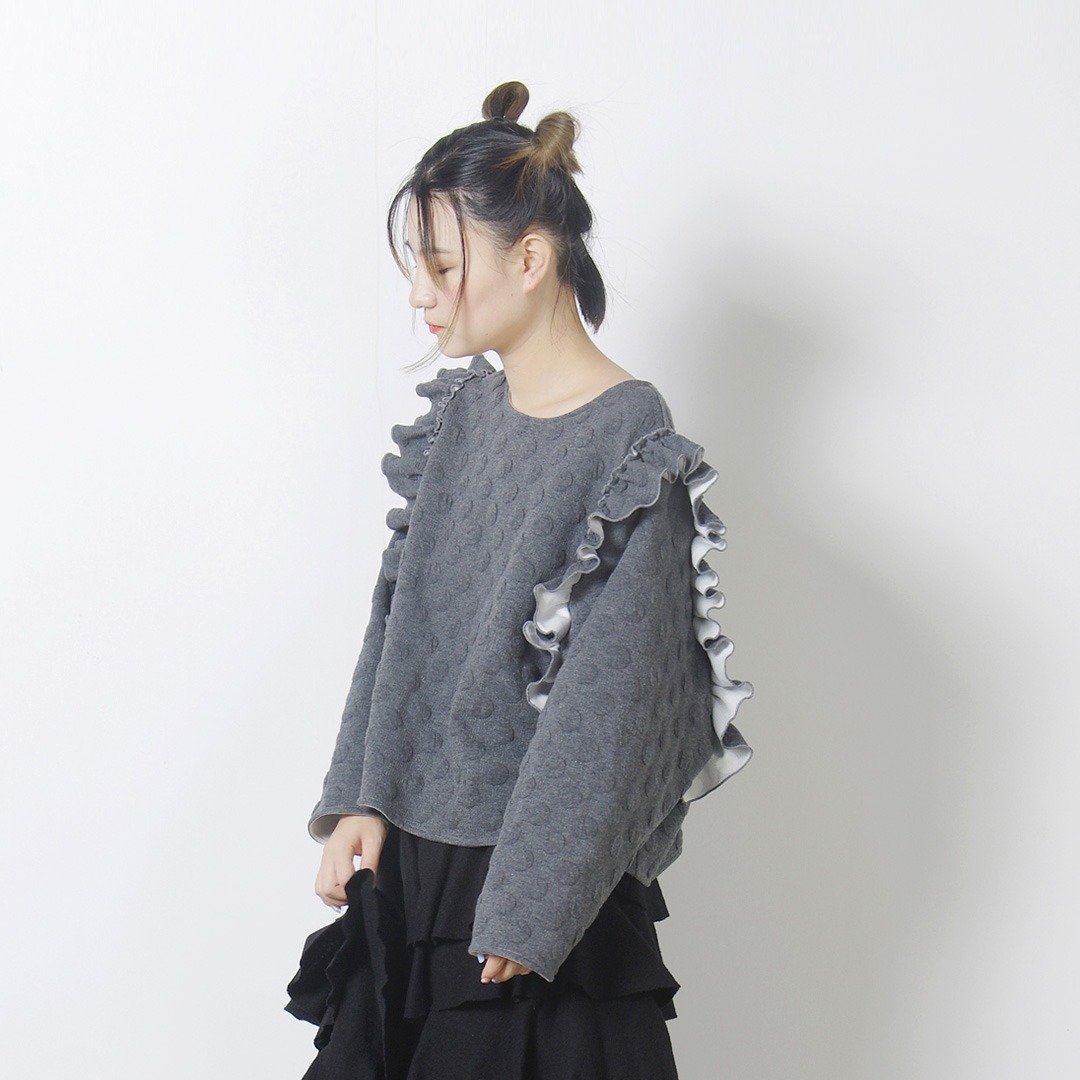 深灰花肩上衣 - imakokoni - 女装上衣 - 棉．麻 灰色