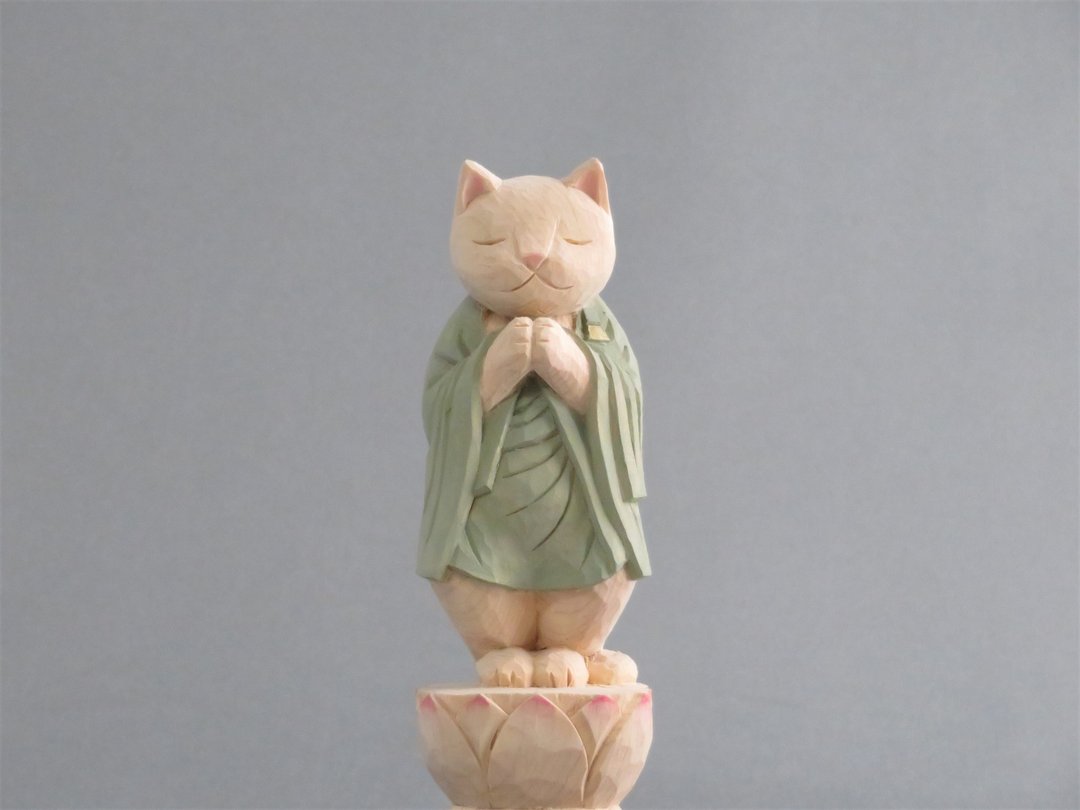 Wood carving cat, Cat to pray - 摆饰 - 木头 绿色