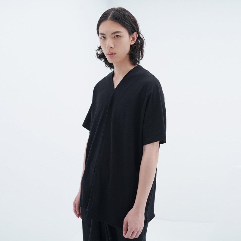 TRAN - 针织门襟剪接TEE - 男装上衣/T 恤 - 棉．麻 黑色