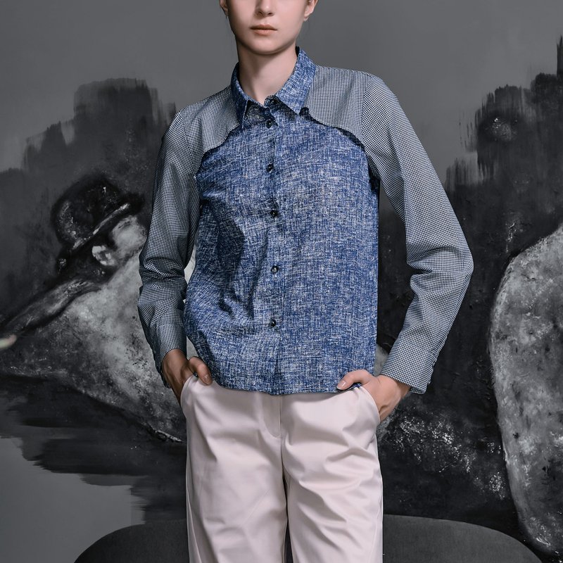 层叠格纹拼接长袖衬衫 - 女装衬衫 - 棉．麻 蓝色