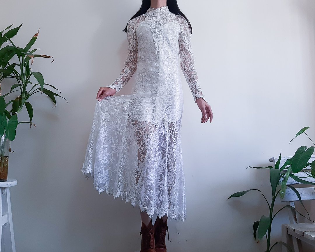 复古 1980 年代 1920 年代象牙白色蕾丝婚纱透视装 - 洋装/连衣裙 - 聚酯纤维 白色