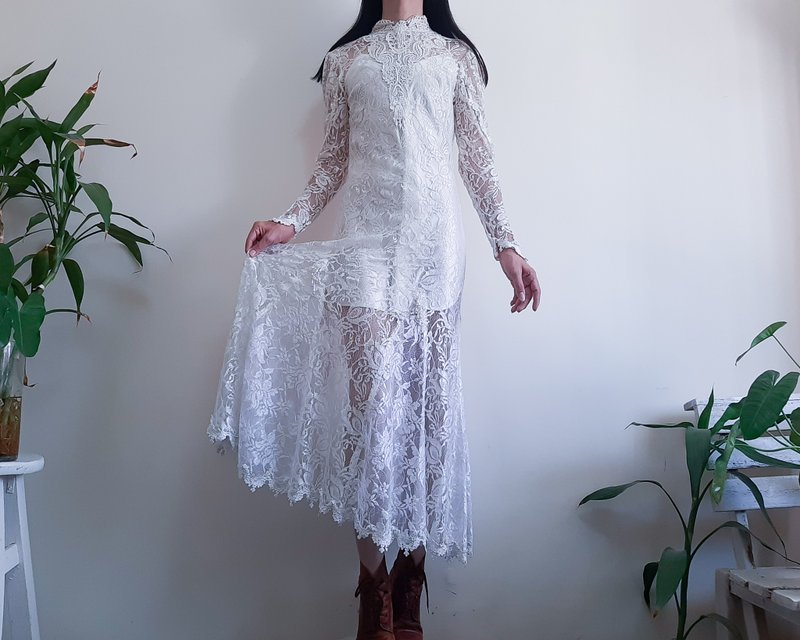 XS - 复古 1980 年代 1920 年代象牙白色蕾丝婚纱透视装 - 洋装/连衣裙 - 聚酯纤维 白色