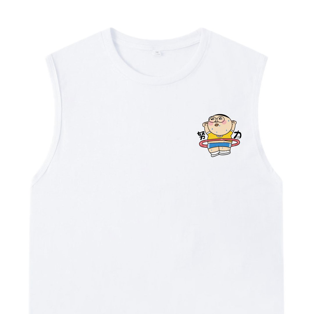 努力 白 / 插画 背心  VEST  夏季 纯棉 大尺码 - 男装上衣/T 恤 - 棉 白色