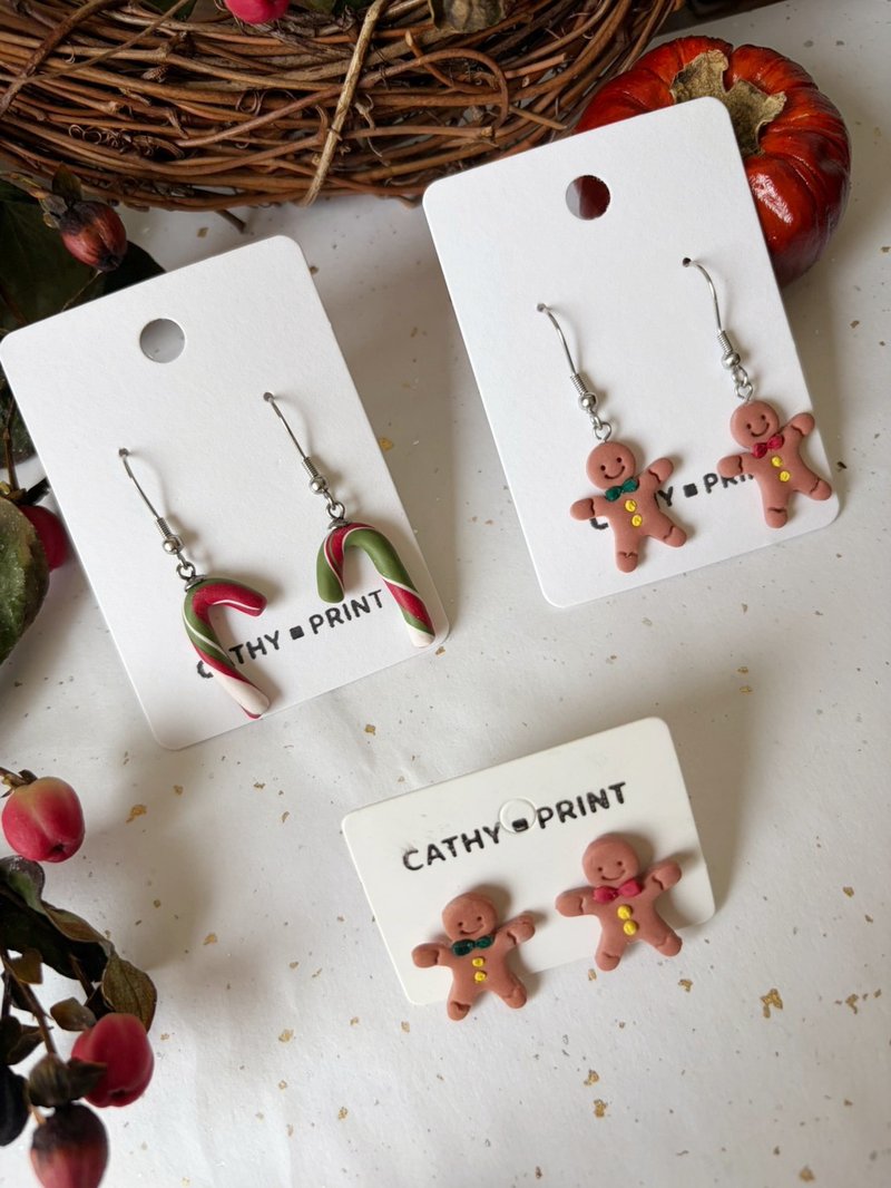 圣诞限定-拐杖糖/姜饼人 - 耳环/耳夹 - 其他材质 