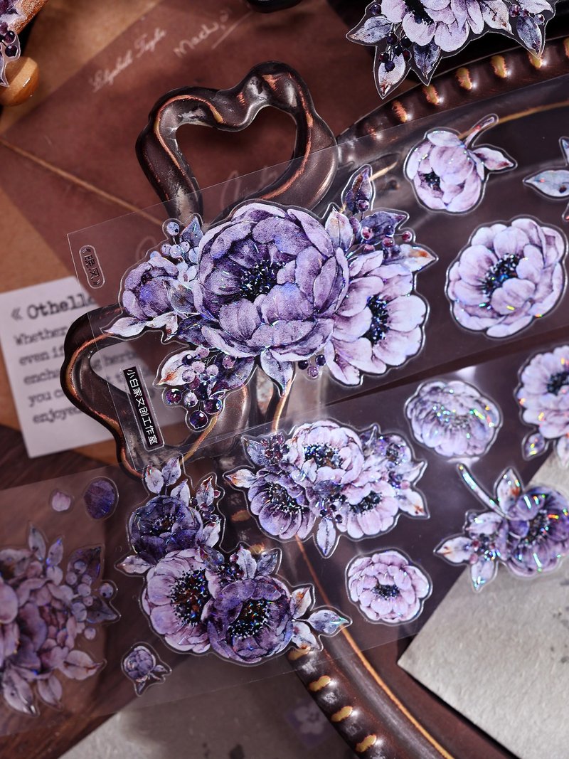 晚风  复古温柔灰紫花卉和纸PET贝壳光模切手帐胶带 - 纸胶带 - 纸 多色