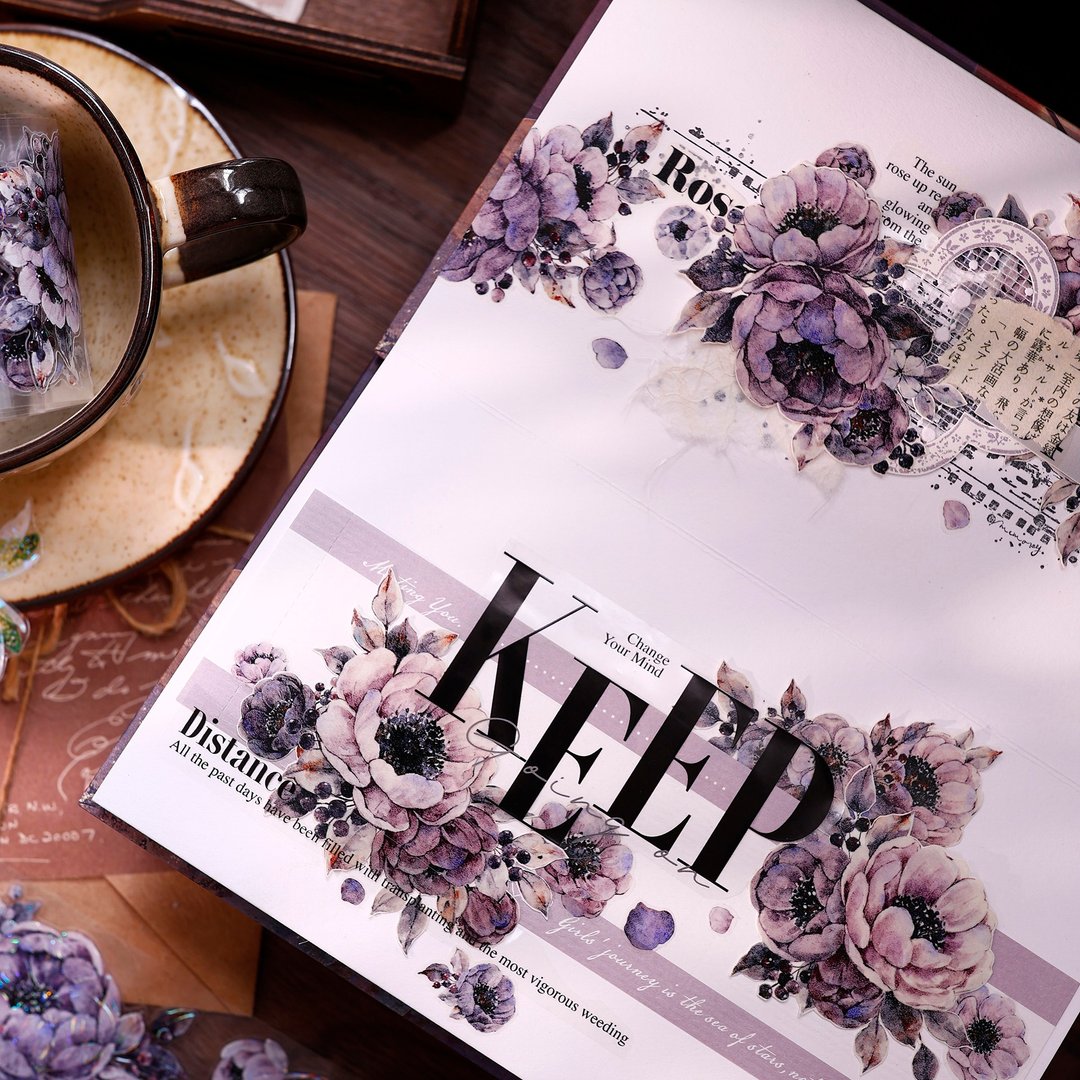 晚风  复古温柔灰紫花卉和纸PET贝壳光模切手帐胶带 - 纸胶带 - 纸 多色