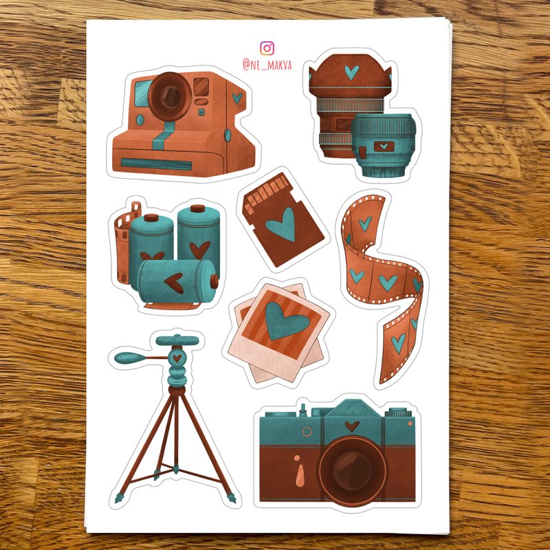 复古贴纸/相机、三脚架、镜头、闪存驱动器/摄影师贴纸 - 贴纸 - 纸 