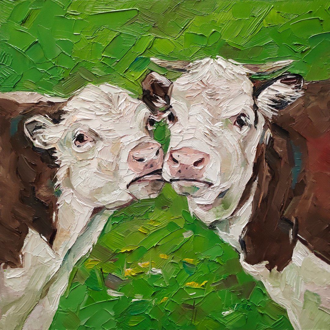 Farm animal painting cow original art animal artwork oil painting farm wall art - 海报/装饰画/版画 - 其他材质 绿色
