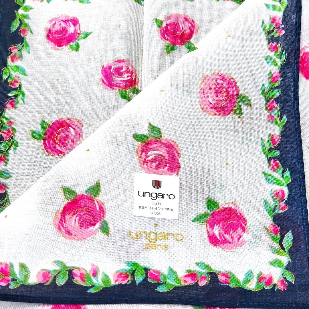 Vintage Ungaro Paris 手帕 - 玫瑰花卉口袋巾（18 x 19 英寸） - 手帕/方巾 - 棉．麻 粉红色