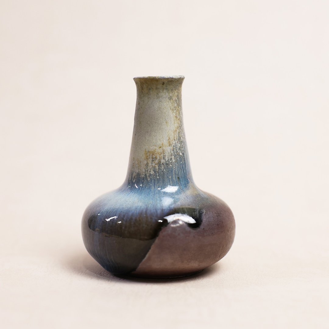 明芽窑 l 柴烧萩蓝细口瓶 花器 陶器 装饰品 摆饰 小花瓶 摆件 T - 花瓶/陶器 - 陶 