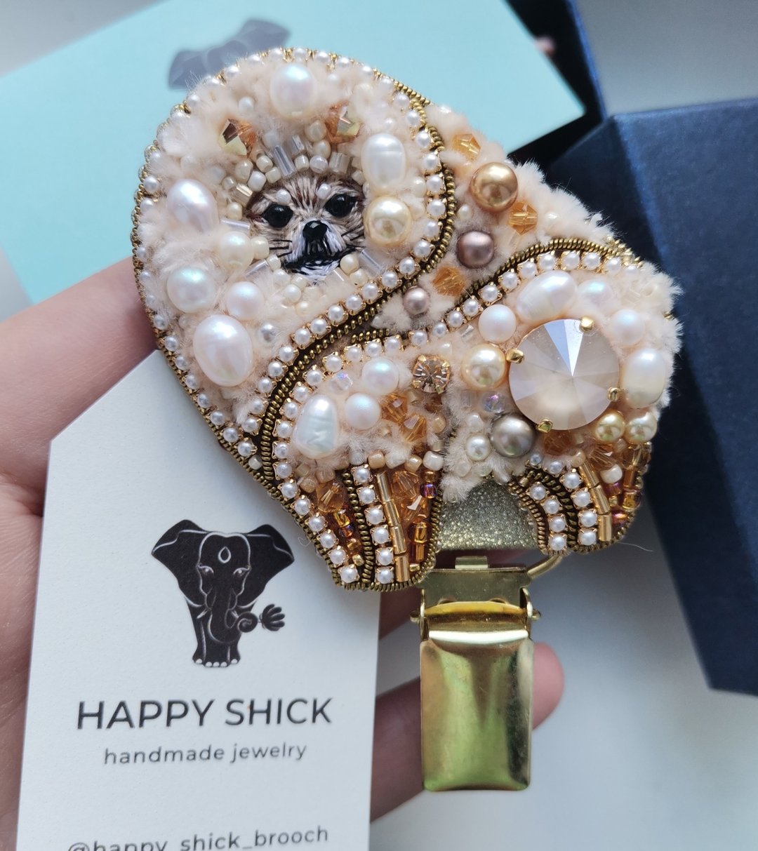 博美犬饰品胸针，宠物肖像饰品，犬展号码夹， - 胸针 - 玻璃 卡其色