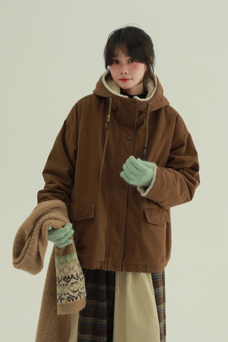 2顏色 木屋 連帽全毛休閒外套 日系休閒工裝夾克 保暖外套 - 女装休闲/机能外套 - 棉．麻 咖啡色