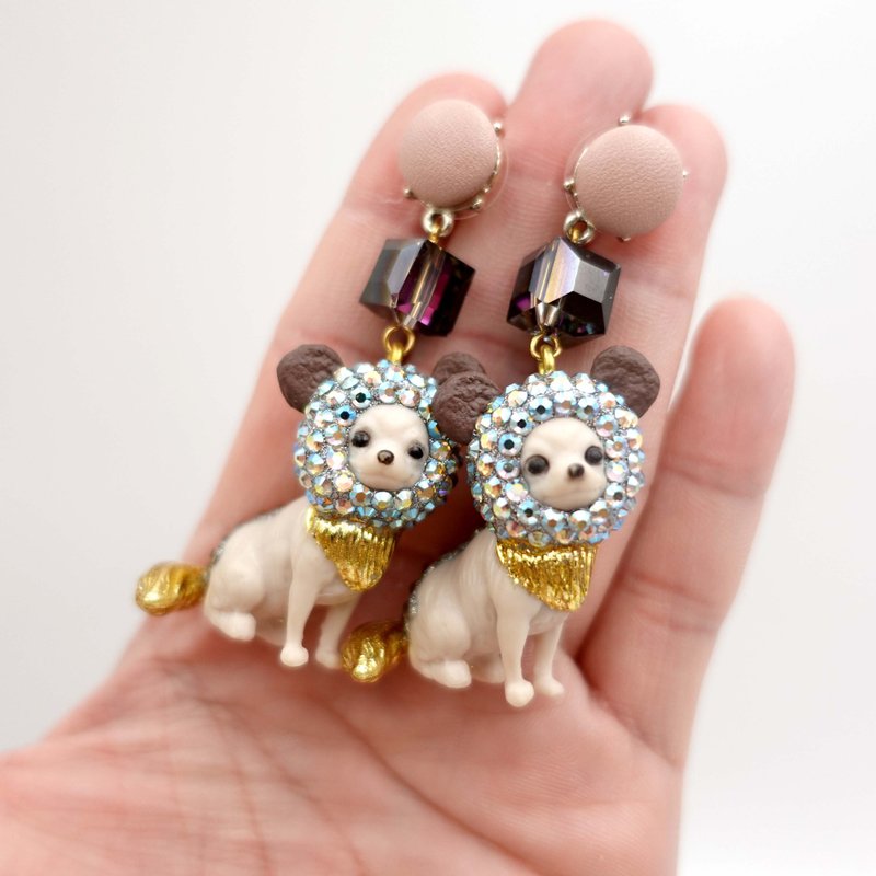 狮子头帽子芝娃娃小狗犬奴镀金缀施华洛水晶装饰耳环 可订制颜色 - 耳环/耳夹 - 塑料 多色