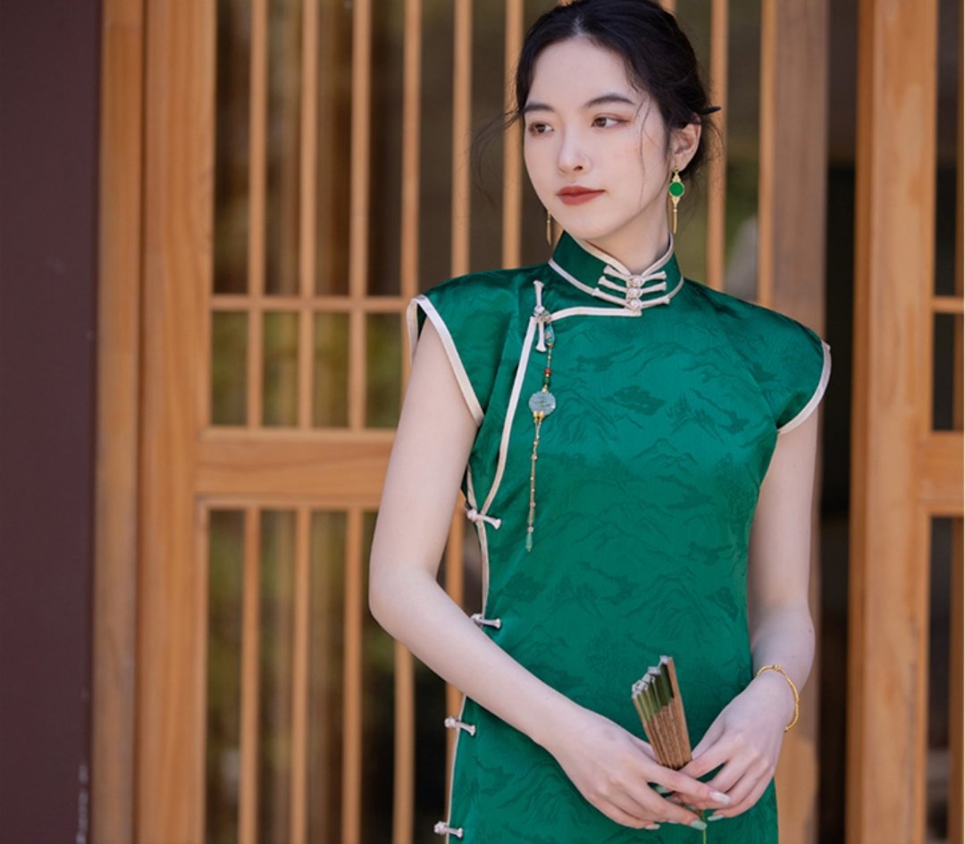 千里江山 新中式復古 高端大气少女古法旗袍 - 旗袍 - 聚酯纤维 绿色