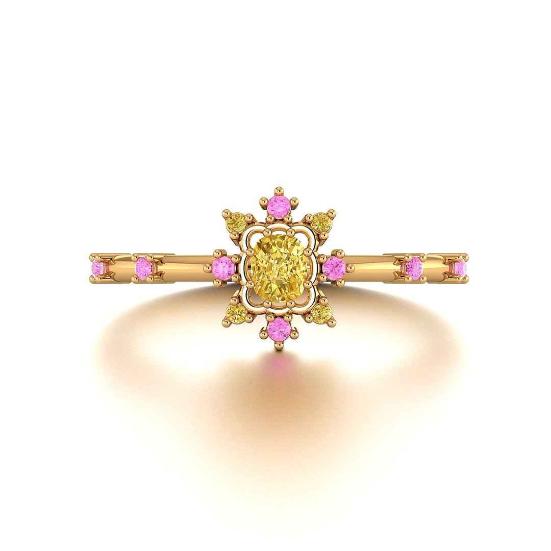 【PurpleMay Jewellery】18K金黄钻花卉设计复古款戒指 - R059 - 戒指 - 钻石 黄色