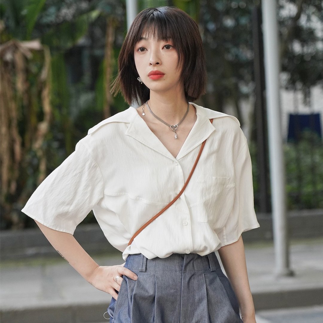 白色海军领法式衬衫|衬衫|夏款|人棉|Sora-502 - 女装衬衫 - 其他人造纤维 白色