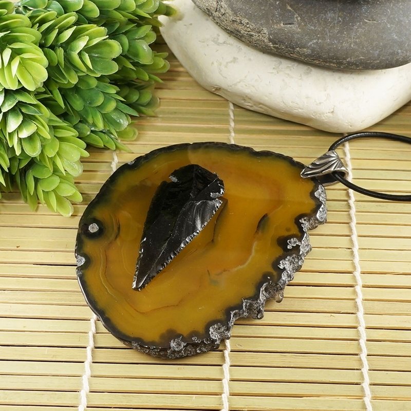 黑曜石火山龙纹玛瑙切片坠饰项链 饰品 - 项链 - 半宝石 黑色