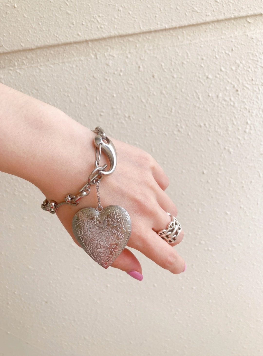 big heart locket bracelet 爱心 手链 不锈钢 银饰 大尺寸 - 耳环/耳夹 - 其他金属 银色