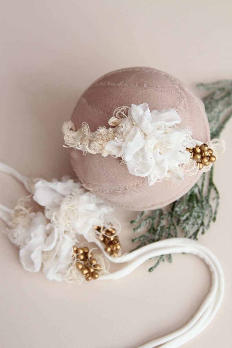 婴儿头带 宝宝头带 婴儿头饰 弥月礼物 弥月头饰 百日宴头饰 - 婴儿帽/发带 - 棉．麻 白色