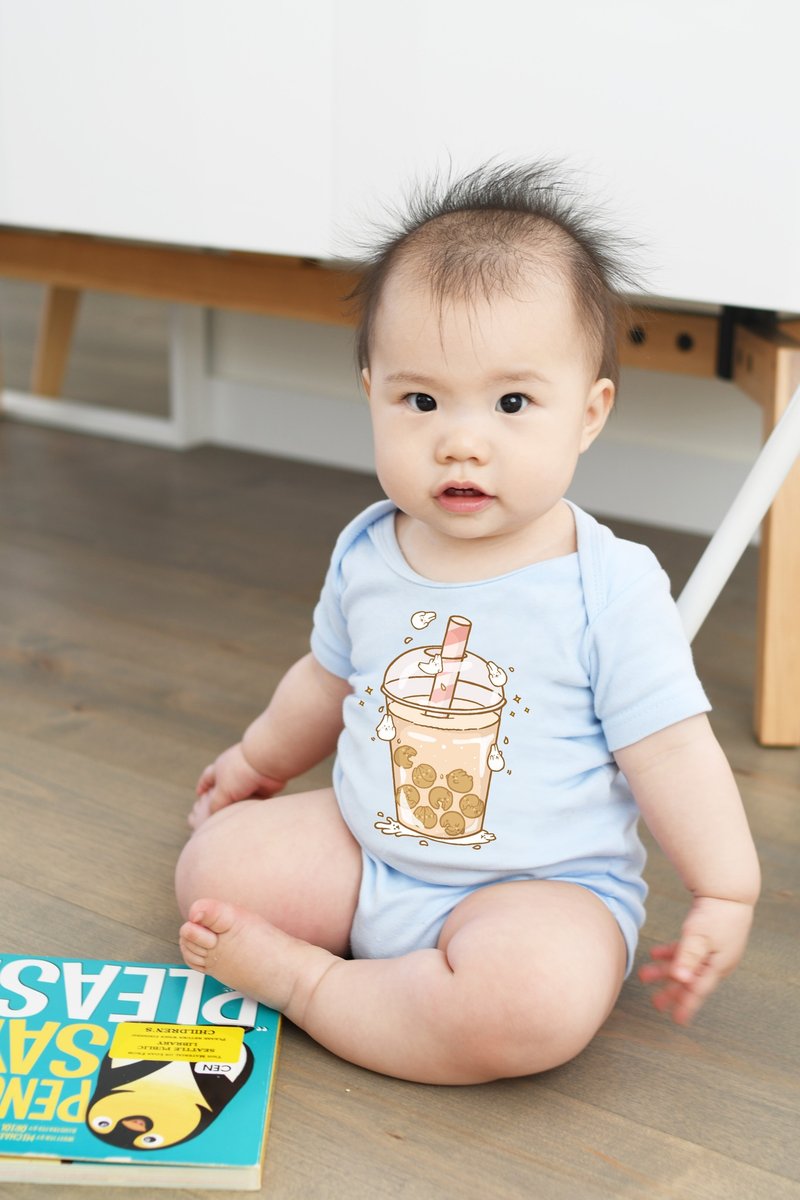 Baby短袖连身包屁衣-麻糬兔珍珠奶茶(可爱蓝) - 包屁衣/连体衣 - 棉．麻 蓝色