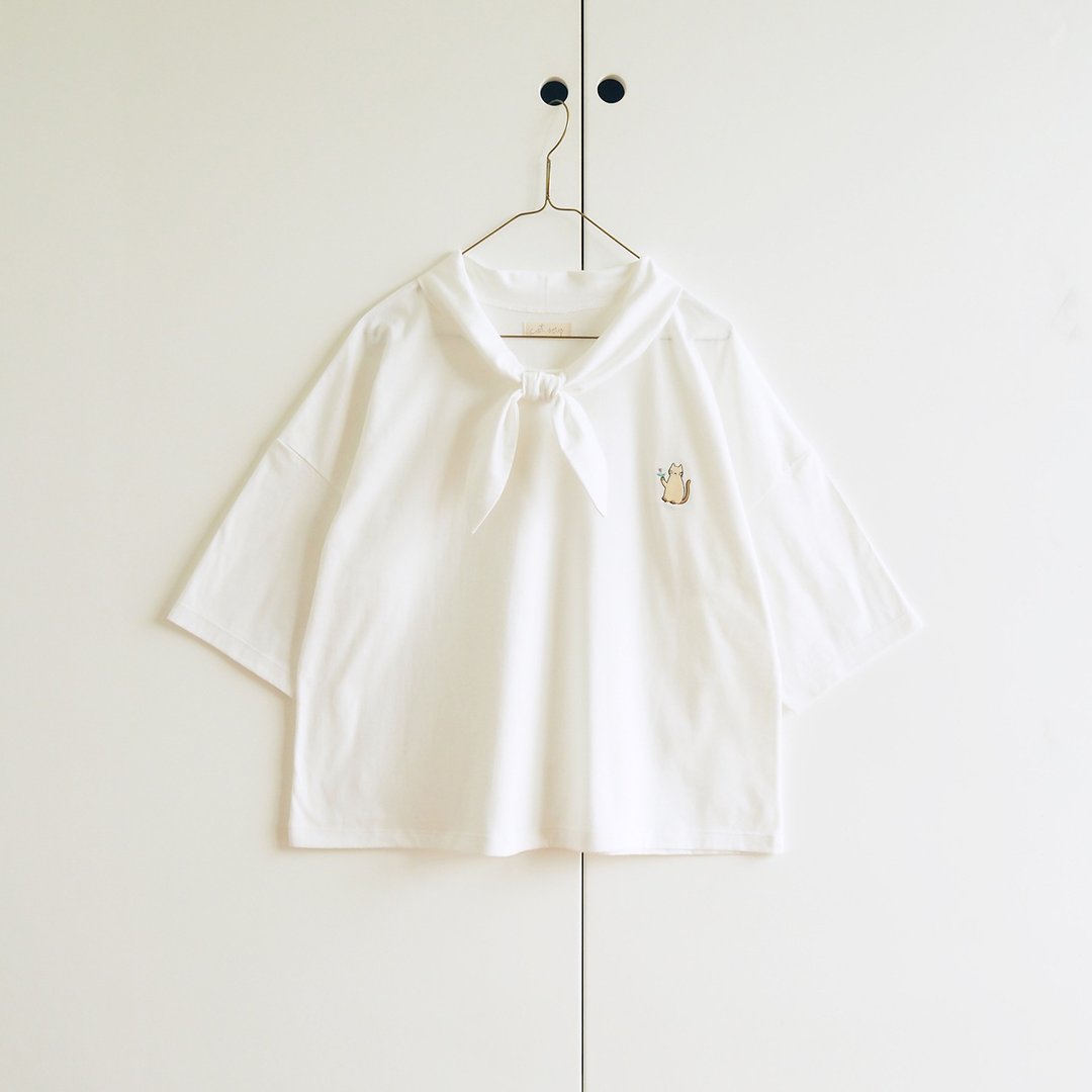 flower cat sailor t-shirt : white - 女装上衣 - 棉 白色