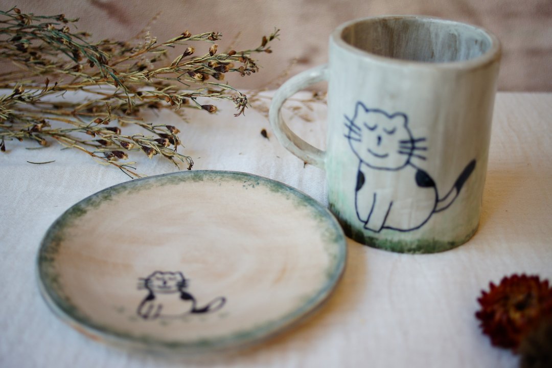 手作马克杯盘组 猫咪传情 陶杯茶盘组 午茶杯盘组 午茶系列 - 咖啡杯/马克杯 - 陶 多色