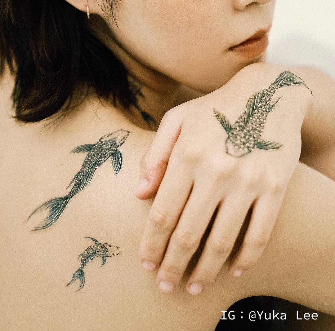 鯉魚狂想-2入紋身貼紙 原創手繪設計 - 纹身贴 - 纸 蓝色
