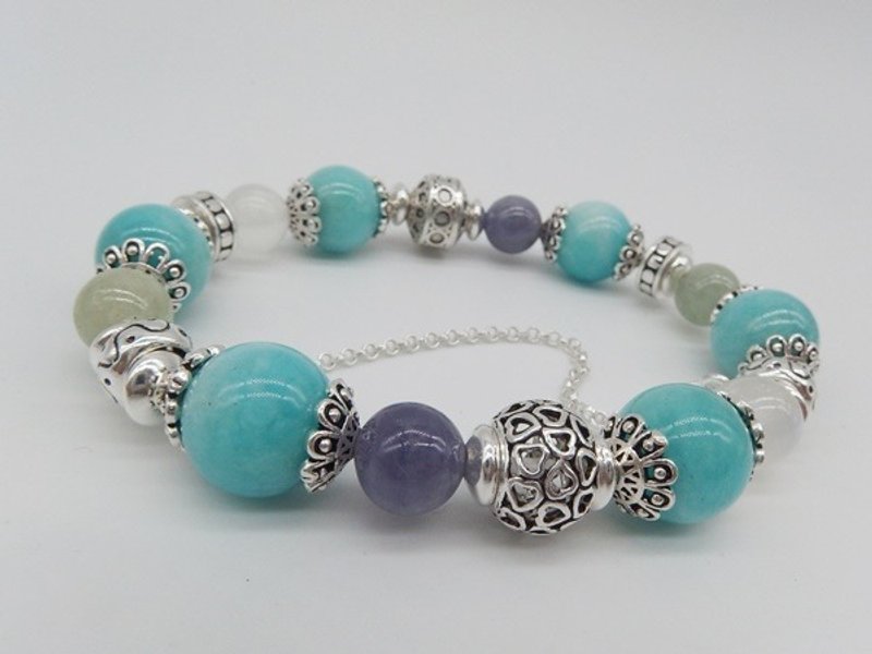 蓝天色彩 - 优质天然天河石+蓝月光石+彩色坦桑石纯银手錬 - 手链/手环 - 宝石 多色