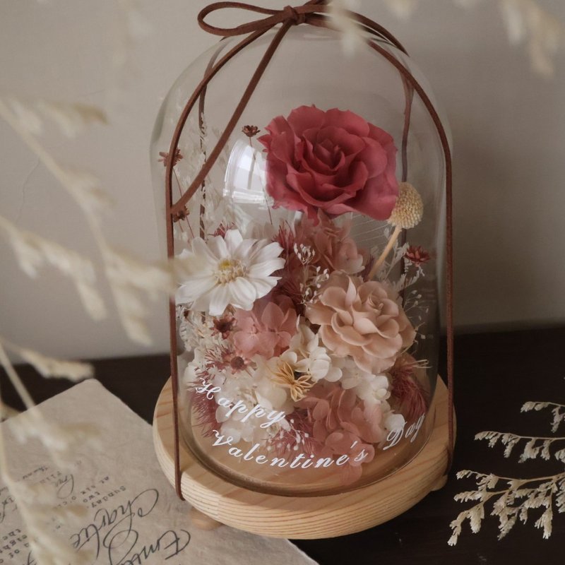 永生珊瑚红玫瑰玻璃盅 定制化文字 附透明盒 情人节生日 周年 - 干燥花/捧花 - 植物．花 多色