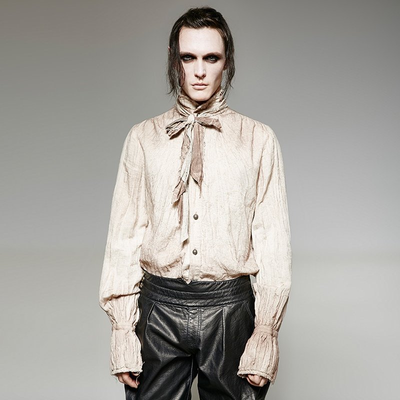 蒸汽庞克术士亚麻领结衬衫 - 多色 / 宽松版型 / 可拆领带 - 男装衬衫 - 其他材质 白色