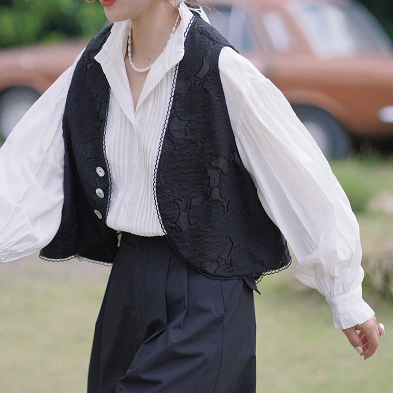 黑色 卡農 二次剪花工藝法師復古馬甲 肌理質料電影分爲馬夾背心 - 女装休闲/机能外套 - 聚酯纤维 黑色