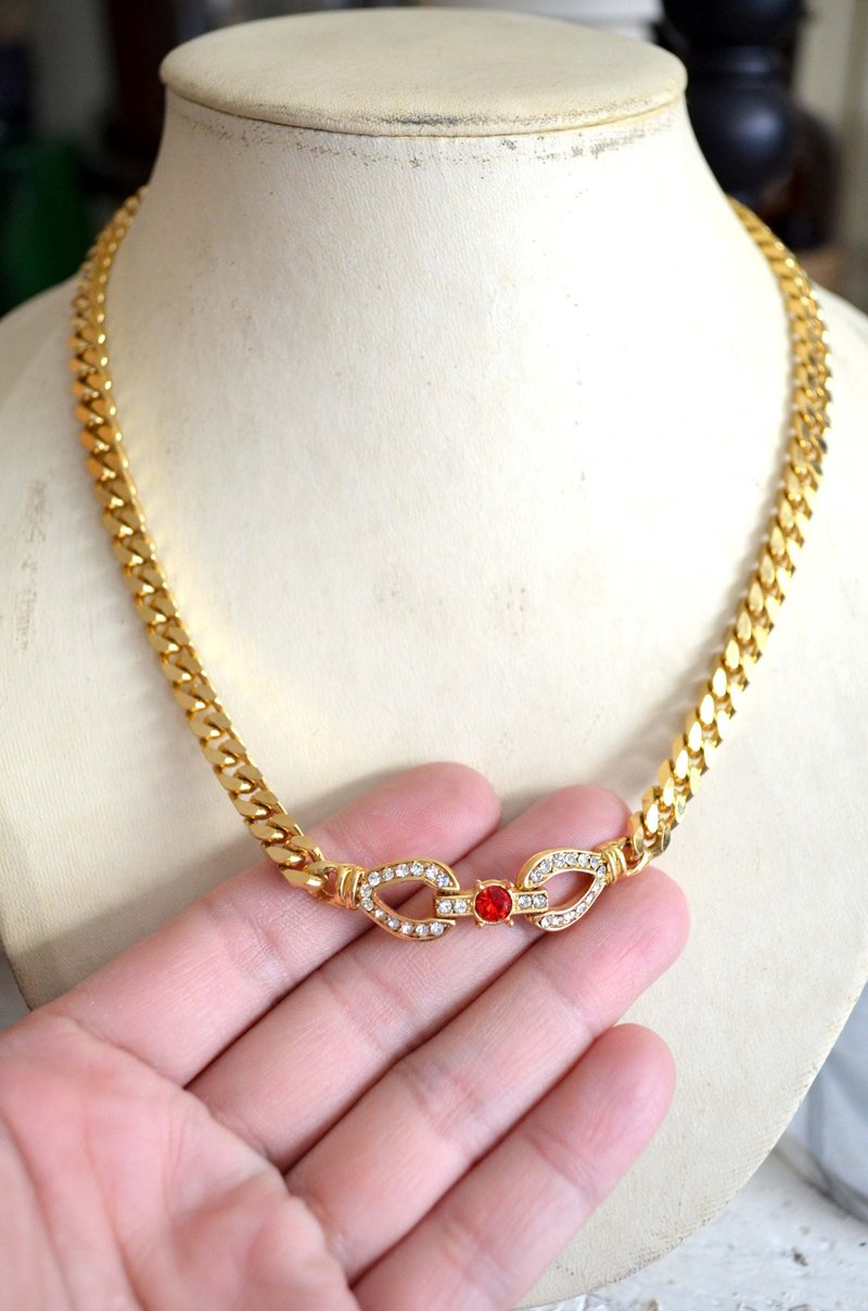 镀金水钻红宝石复古项链 高贵优雅 日本二手中古珠宝首饰古着 - 项链 - 宝石 多色