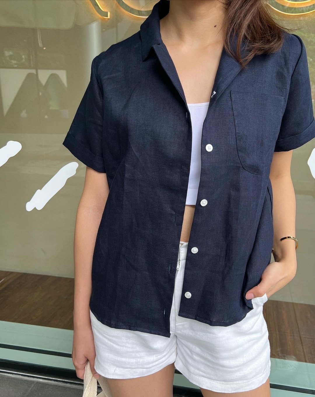 linen shirt 100% - 女装衬衫 - 棉 白色