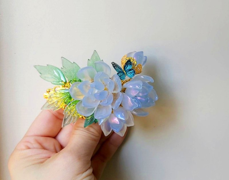 古风琉璃系列【幻彩蓝茉莉+蝴蝶】~花叶大发夹(弹簧夹) - 发饰 - 玻璃 蓝色