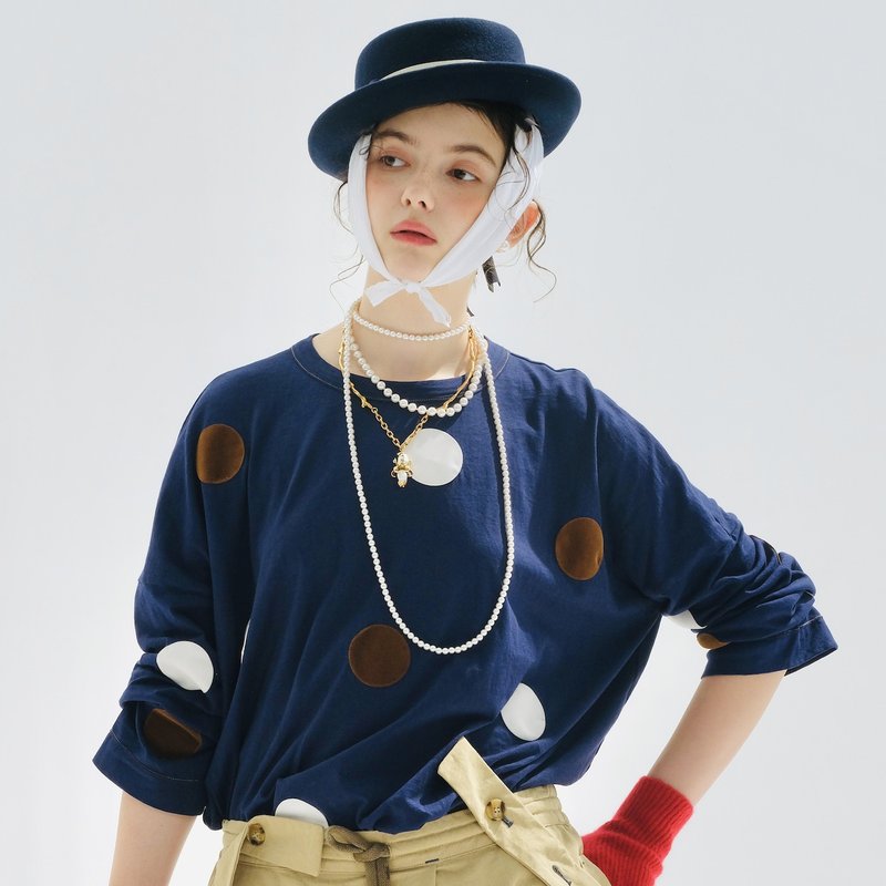 琉璃蓝贴圆长袖上衣 - 女装上衣 - 棉．麻 蓝色